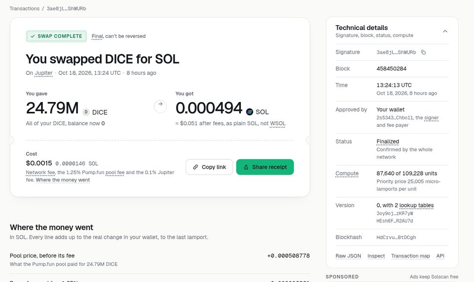 Prototype screen: a Solana swap shown as a receipt, with what you gave, what you got, the cost, and technical details in a side panel.