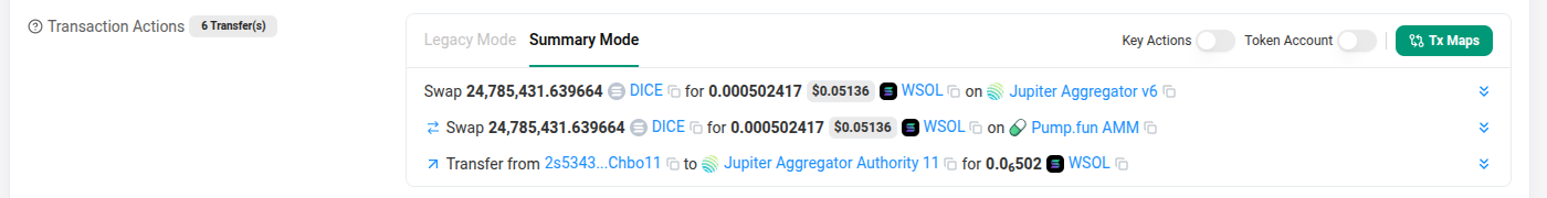 Current Transaction Actions block on desktop: a 6 Transfer(s) badge, Legacy Mode and Summary Mode tabs, Key Actions and Token Account toggles, a Tx Maps button and three rows.