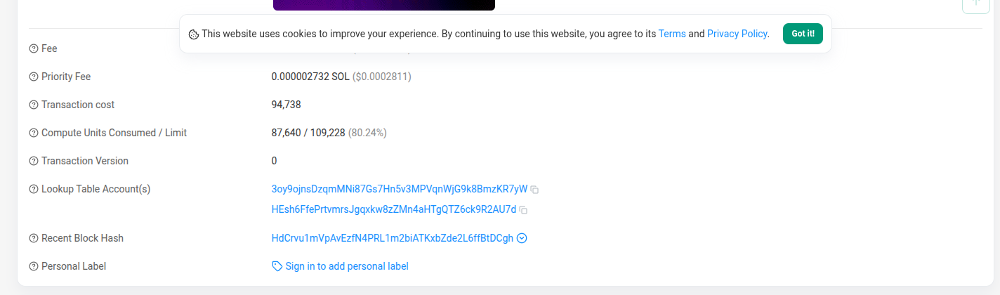 Current desktop page further down: the cookie banner covers the Fee row; below are Priority Fee, Transaction cost 94,738, compute units, version, lookup tables and block hash.