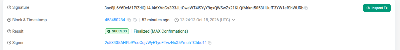 Current desktop rows: Signature with the full 88-character value, Block and Timestamp, Result with SUCCESS and Finalized (MAX Confirmations), and Signer, each label with a question-mark icon.