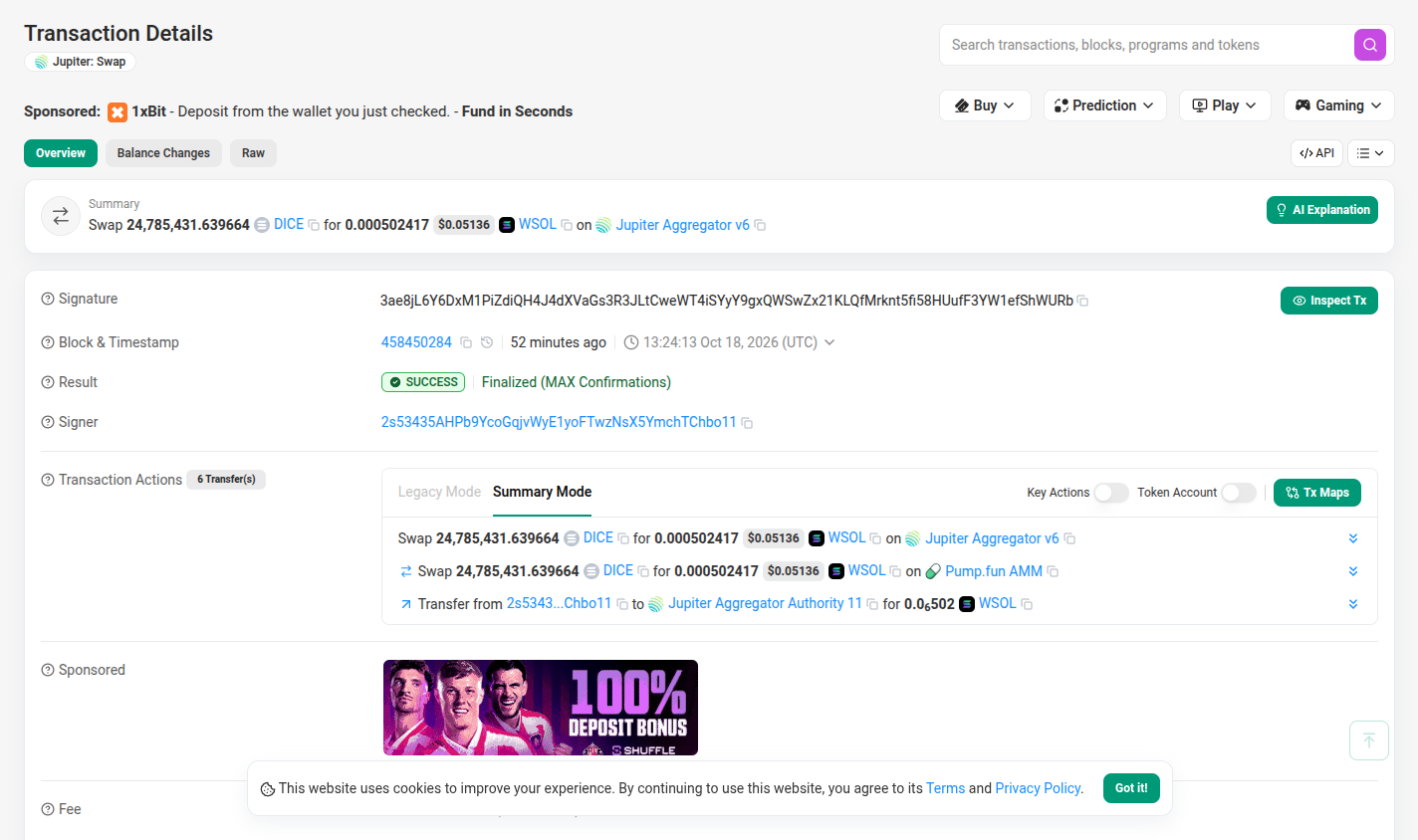 Current Solscan transaction page on desktop: Transaction Details title, sponsored casino line, Summary card with the swap, signature row, result, signer and the Transaction Actions list.