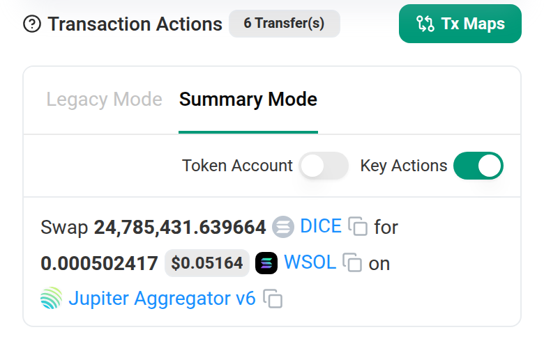 Current Transaction Actions block on a phone: 6 Transfer(s) badge with one row below, toggles in the opposite order with Key Actions switched on.