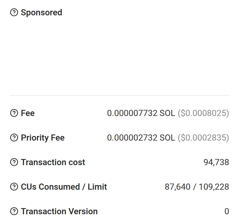 Current page on a phone, 1,080 to 1,440px down: an empty Sponsored slot, then Fee, Priority Fee, Transaction cost 94,738 and compute units.