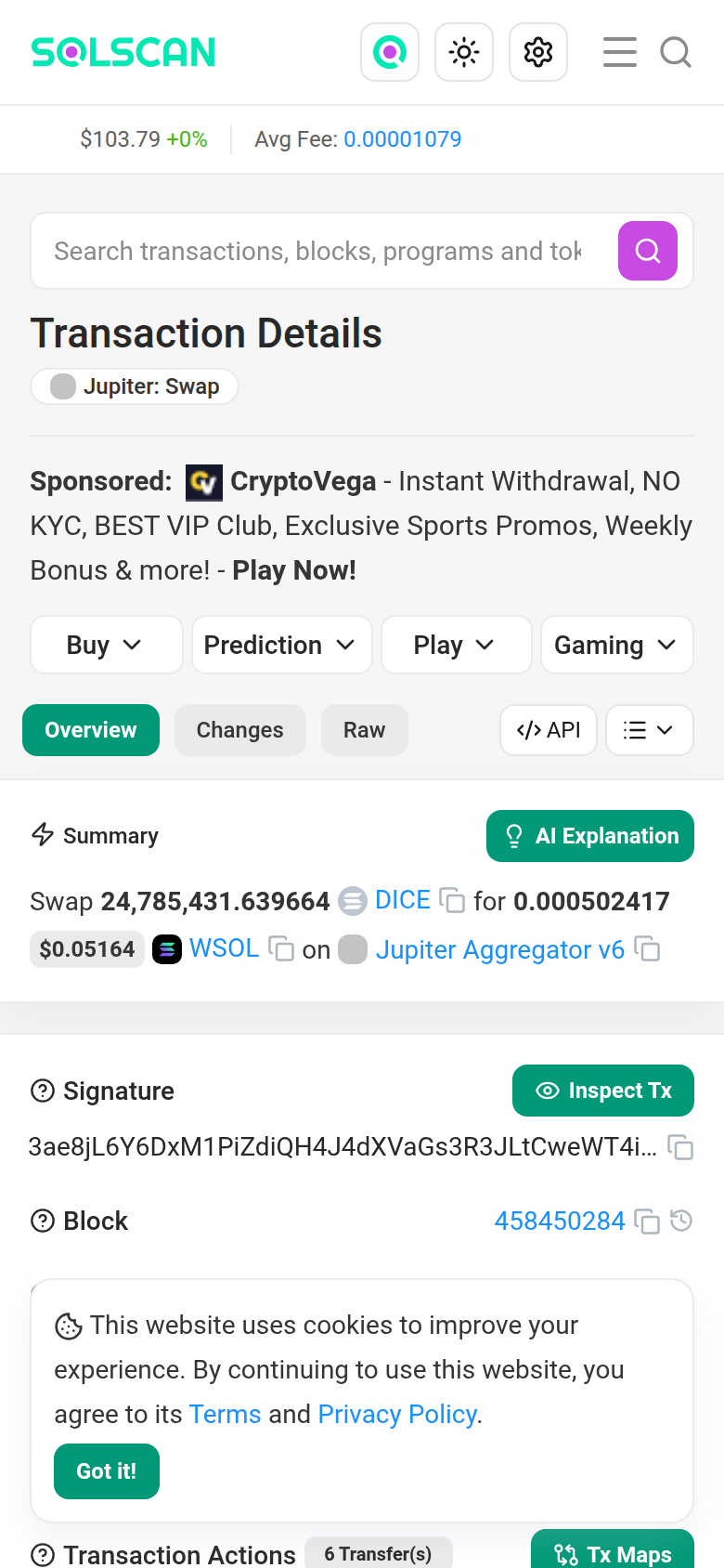 Solscan today, the first screen on a 390px phone: logo, price, search, the title Transaction Details, a three-line casino ad, four ad menus, tabs, then “Swap 24,785,431.639664 DICE for 0.000502417 WSOL”. Nothing on this screen says the swap succeeded.
